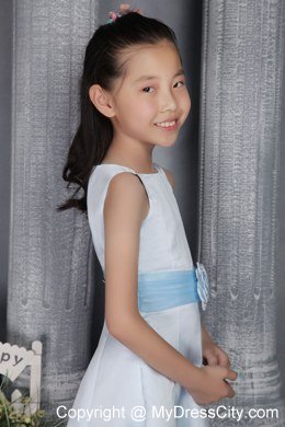 A-line Scoop Tea-length Flower Girl Dress with Light Blue Belt