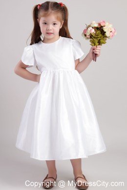 A-Line Tea-length Flower Girl Dress with Scoop and Short Sleeves