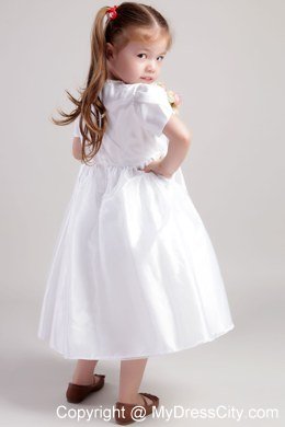 A-Line Tea-length Flower Girl Dress with Scoop and Short Sleeves