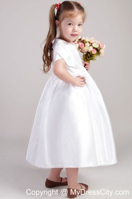 A-Line Tea-length Flower Girl Dress with Scoop and Short Sleeves