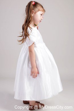 A-Line Tea-length Flower Girl Dress with Scoop and Short Sleeves