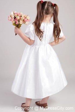 A-Line Tea-length Flower Girl Dress with Scoop and Short Sleeves