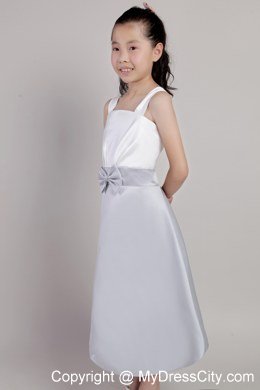 White and Lilac A-line Straps and Bow Decorate Flower Girl Dress