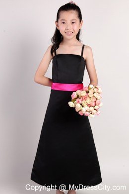 Black Flower Girl Dress A-line Ankle-length Style with Straps and Sash