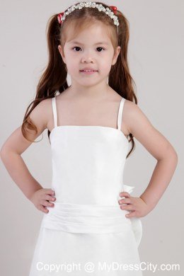 White Column Ankle-length Straps Style Little Girl Dress with Bowknot