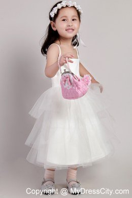 Hand Made Flower and Straps Decorate White Tea-length Little Girl Dress