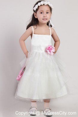 Hand Made Flower and Straps Decorate White Tea-length Little Girl Dress