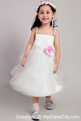 Hand Made Flower and Straps Decorate White Tea-length Little Girl Dress