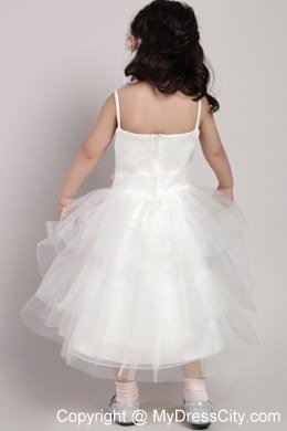 Hand Made Flower and Straps Decorate White Tea-length Little Girl Dress