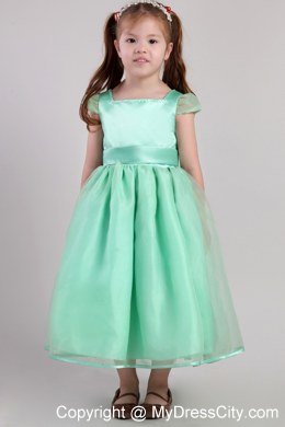 Apple Green A-line Belted Little Girl Dress with Square Neckline