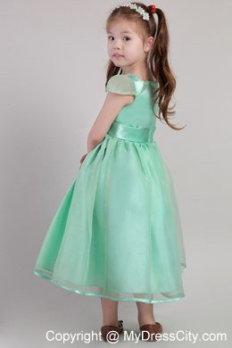 Apple Green A-line Belted Little Girl Dress with Square Neckline