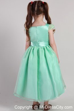 Apple Green A-line Belted Little Girl Dress with Square Neckline