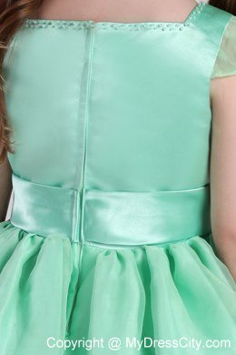 Apple Green A-line Belted Little Girl Dress with Square Neckline