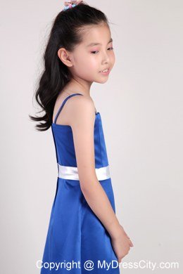 Blue A-line Ankle-length Little Girl Dress Belt and Straps Decorate