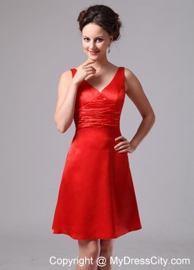 Red Ruch V-neck Empire Satin Knee-length Homecoming Dress