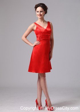 Red Ruch V-neck Empire Satin Knee-length Homecoming Dress