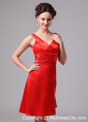 Red Ruch V-neck Empire Satin Knee-length Homecoming Dress