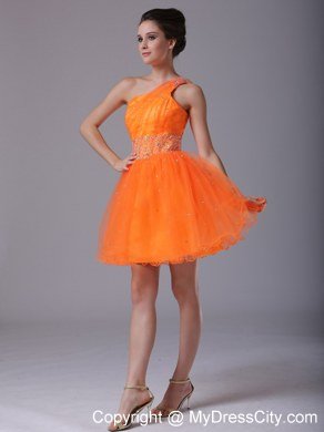 Beading Decorate One Shoulder Mini-length Orange Homecoming Dress