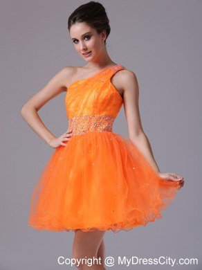 Beading Decorate One Shoulder Mini-length Orange Homecoming Dress