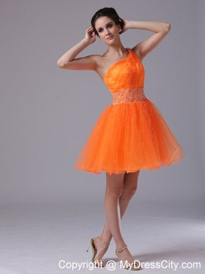 Beading Decorate One Shoulder Mini-length Orange Homecoming Dress