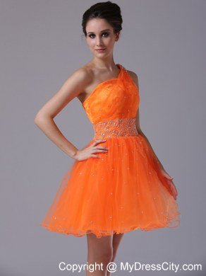 Beading Decorate One Shoulder Mini-length Orange Homecoming Dress