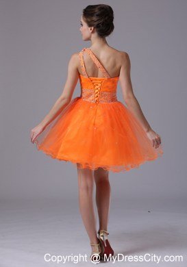 Beading Decorate One Shoulder Mini-length Orange Homecoming Dress