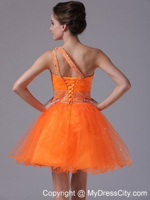 Beading Decorate One Shoulder Mini-length Orange Homecoming Dress