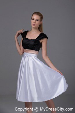 White and Black Knee-length Homecoming Dress with Cap Sleeves