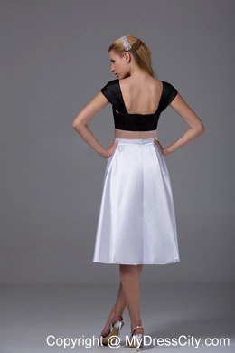 White and Black Knee-length Homecoming Dress with Cap Sleeves