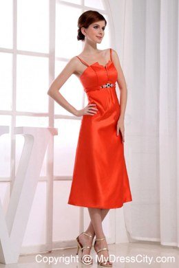 Spaghetti Straps Tea-length Orange Red Prom Dress Taffeta