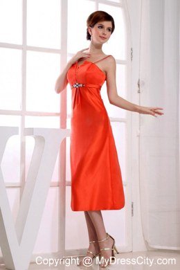 Spaghetti Straps Tea-length Orange Red Prom Dress Taffeta