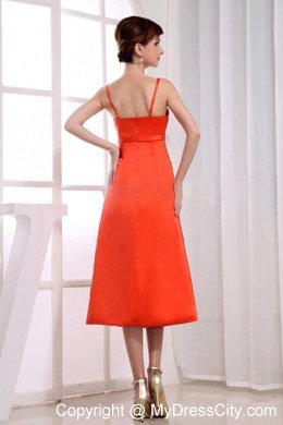 Spaghetti Straps Tea-length Orange Red Prom Dress Taffeta