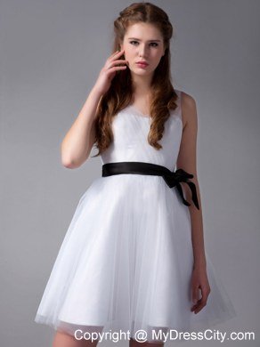 White Homecoming Dresses with Sheer Straps Black Sash Mini-length