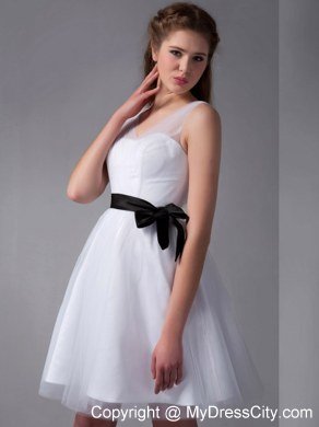 White Homecoming Dresses with Sheer Straps Black Sash Mini-length