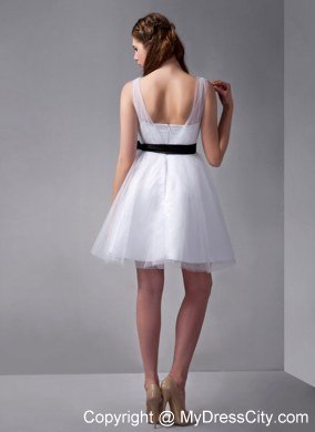 White Homecoming Dresses with Sheer Straps Black Sash Mini-length