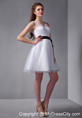 White Homecoming Dresses with Sheer Straps Black Sash Mini-length