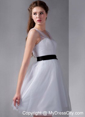 White Homecoming Dresses with Sheer Straps Black Sash Mini-length