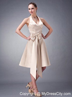 Champagne Princess Halter Tea-length Satin Sash Homecoming Dress