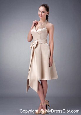 Champagne Princess Halter Tea-length Satin Sash Homecoming Dress