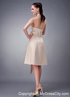 Champagne Princess Halter Tea-length Satin Sash Homecoming Dress