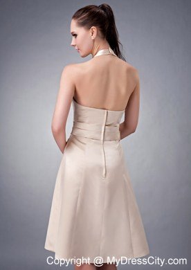 Champagne Princess Halter Tea-length Satin Sash Homecoming Dress