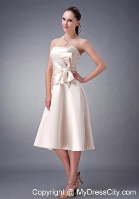 Tea-length Satin Champagne Strapless Sashed Homecoming Dress