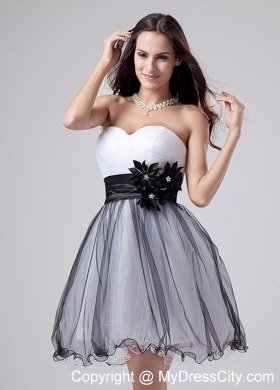 White and Black Sweetheart Homecoming Dress With Sash and Ruche