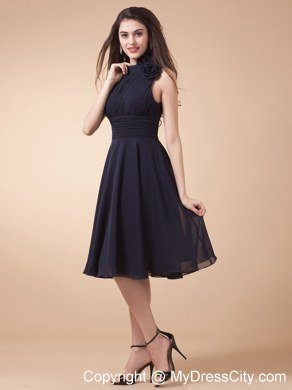 Navy Blue High-neck Tea-length Homecoming Dress with Ruching