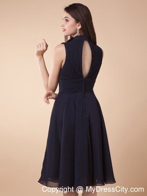 Navy Blue High-neck Tea-length Homecoming Dress with Ruching