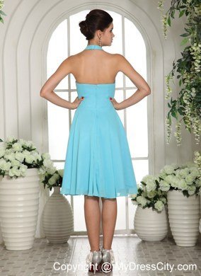 Knee-length Halter Aqua Blue Chiffon Homecoming Dresses Sashed