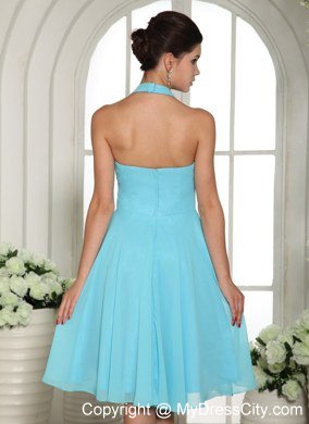 Knee-length Halter Aqua Blue Chiffon Homecoming Dresses Sashed