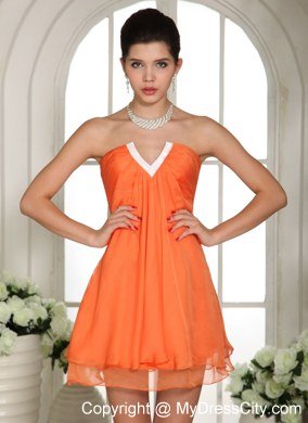 V-neck Mini-length Orange Homecoming Dresses in Chiffon