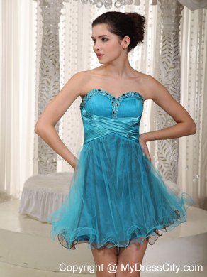 Sweetheart Teal A-line Mini Tulle Beaded Homecoming Dress