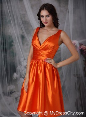 Orange Red Taffeta Short V-neck 2013 Homecoming Dress Ruced